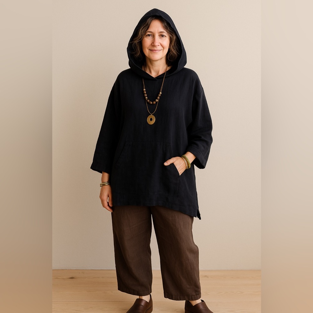 Bryn Walker Black Linen Hoodie Tunic | NWOT | Oversized Artsy Minimalist